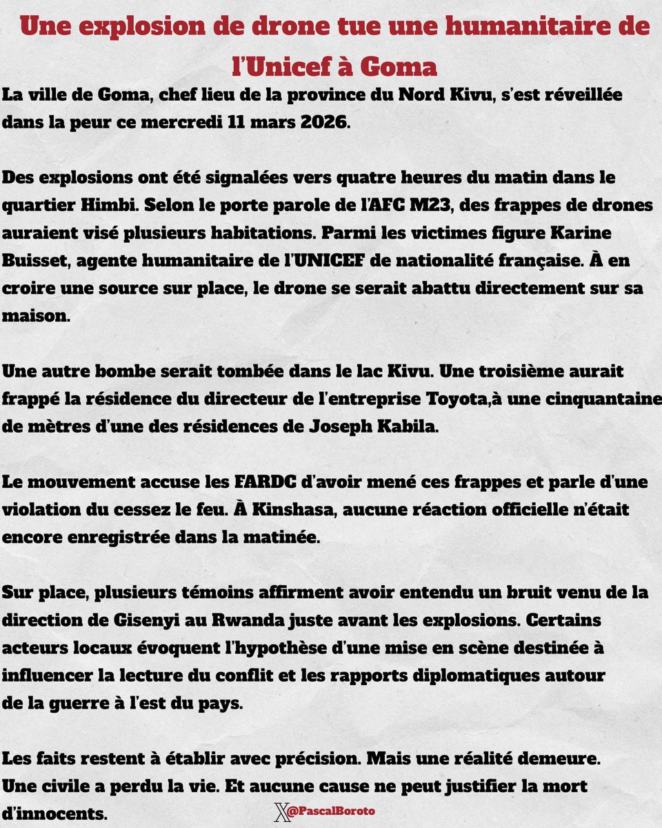 PascalBoroto's tweet photo. #RDC - #Goma: Une explosion de drone tue une humanitaire de l'UNICEF à Goma

@SouverainLibre @jeune_afrique @CNNAfrica @africanewsfr @AfricanewsJ @RFIAfrique
@VOAAfrique @FRANCE24 @actualitecd
@RfiRdc @TopCongo @7sur7_cd @UNICEFDRC #Goma #security #safelife https://t.co/MCJ4g6RPQn