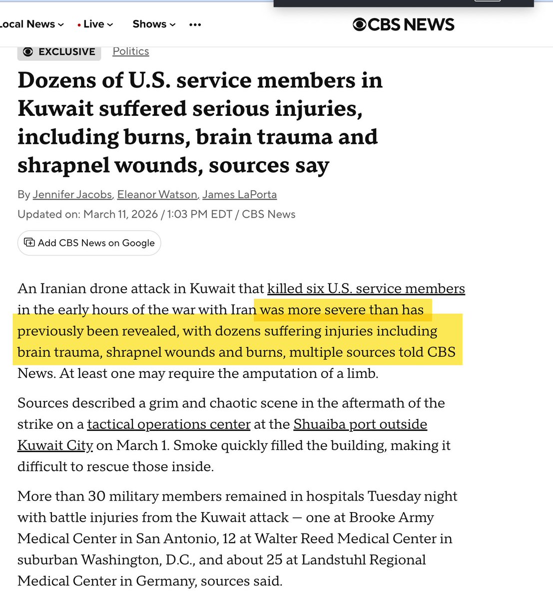 People connected with and/or working in the Pentagon have been telling journalists for a week that DoD is hiding the number and severity of American troop injuries and even deaths. 

Now from CBS, with some details clearly at odds with DoD releases: 

cbsnews.com/news/strike-in…