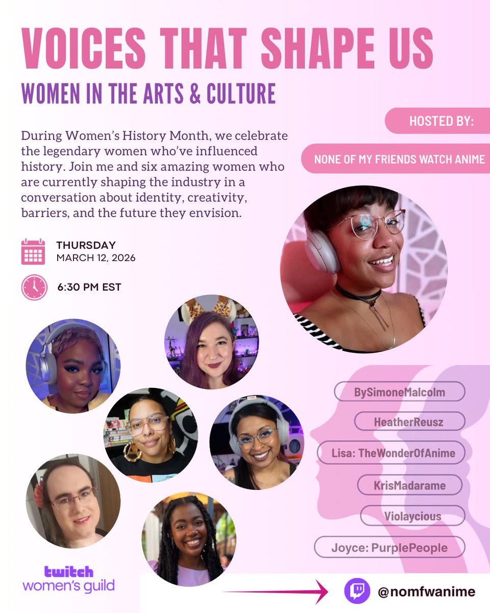 babes — i’m hosting a roundtable chat for the <a href="/Twitch/">Twitch</a> women’s unity guild for women’s history month tomorrow! ☺️🤭 

join me and some of my old and new faves as we talk all things women in the arts + culture 🙂‍↕️🩷💜