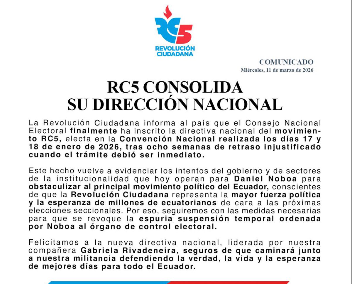 El <a href="/cnegobec/">cnegobec</a> finalmente, después de casi 8 semanas, ha inscrito la directiva nacional de la Revolución Ciudadana, electa en nuestra Convención Nacional del 17 y 18 de enero. 

Felicitamos a la nueva directiva nacional, liderada por nuestra compañera <a href="/GabrielaEsPais/">Gabriela Rivadeneira</a>, por mejores