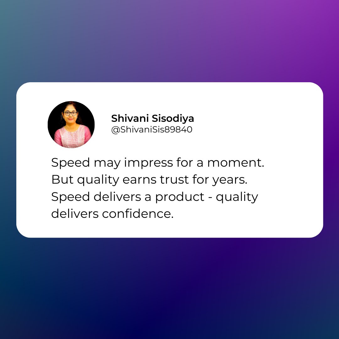 ShivaniSis89840's tweet image. Quality always speaks louder than speed.  Because in the end, quality work becomes your real reputation. — Shivani Sisodiya

Read more: linkedin.com/posts/shivani-…

#QualityOverSpeed #ProfessionalGrowth #Excellence #SoftwareDevelopment #LearningMindset #TechCommunity #BuildInPublic