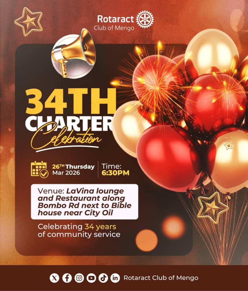 Rct_Mengo's tweet photo. Celebrating 34 years of service, impact and community. 🎉

Join the Rotaract Club of Mengo as we mark another milestone at our 34th Charter Celebration.

📅 Thursday, 26th March 2026
⏰ 6:30 PM
📍 La Vina Lounge

Save the date! 🥳

#CharterNight
#UniteForGood
#RCTMengo
#PRTeam https://t.co/uI9wU0UqRb