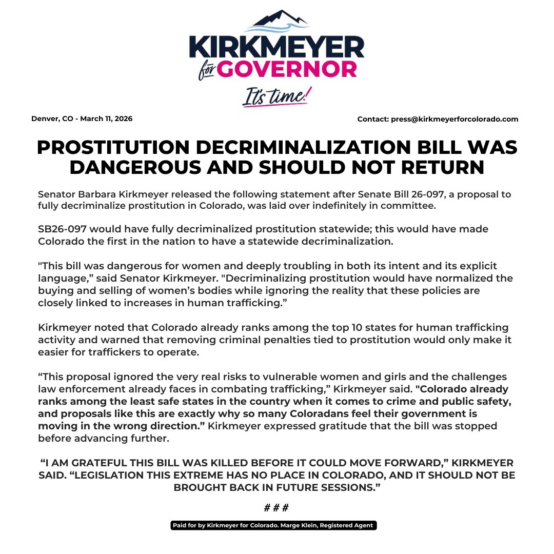 KirkmeyerforGov's tweet image. "I AM GRATEFUL THIS BILL WAS KILLED BEFORE IT COULD MOVE FORWARD. LEGISLATION THIS EXTREME HAS NO PLACE IN COLORADO, AND IT SHOULD NOT BE BROUGHT BACK IN FUTURE SESSIONS." - Senator Barb Kirkmeyer #SB26_097 #itstime