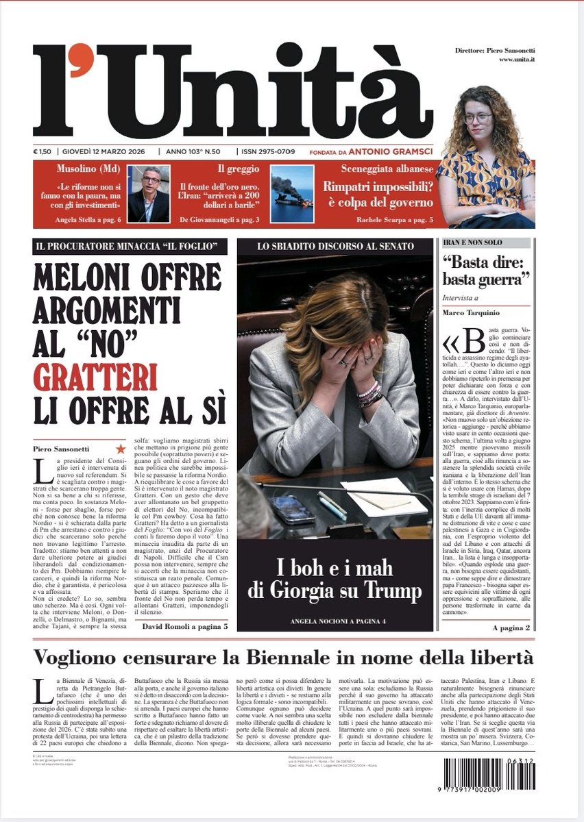 unitaonline's tweet image. 📰 La prima pagina dell’#Unità del #12marzo
 
Abbonati subito: bit.ly/ABBONATI-SUBITO