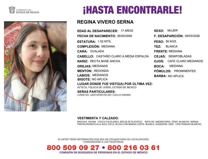 Fam_Unidas_AC's tweet photo. #Buscamos a REGINA VIVERO SERNA de 17 años, vista el 09/03/26 en #TolucaDeLerdo #Edomex ¿La has visto? @panoramatoluca @Asi_Sucede @MeganoticiasTol @SOLTOLUCA @TolucaGob @telediario @SeleneFloresMX @PitaOjedaSoy @DoreFerriz @msalguerb @reyeslourdes @VanessaBauche @_ElenaRios https://t.co/8DoNMjWAPx