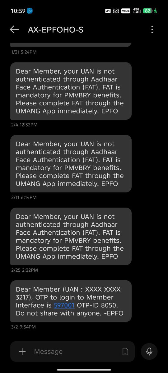 IMXSwarup's tweet photo. @officialepfo @UmangOfficial_
Part 1
Bro, I don't know what wrong with you guys, I have already done the Aadhaar Face Authentication (FAT) in Umang app a long ago, but still I regularly recieved receive these warning SMSs for doing FAT. 
Kindly check my UAN: 102230873217 https://t.co/cG6PZ0A38W