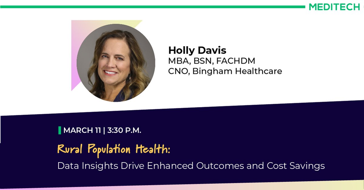 MEDITECH's tweet photo. Before you conclude your day at #HIMSS26, be sure to catch the 3:30 p.m. education session, Level 5, Palazzo D with MEDITECH customer Bingham Healthcare's CNO Holly Davis. Learn more: https://t.co/EcnuTIhB7L
#RuralHealth #PopHealth #PopulationHealth #RevenueCycle #Expanse https://t.co/5QgrndetYw