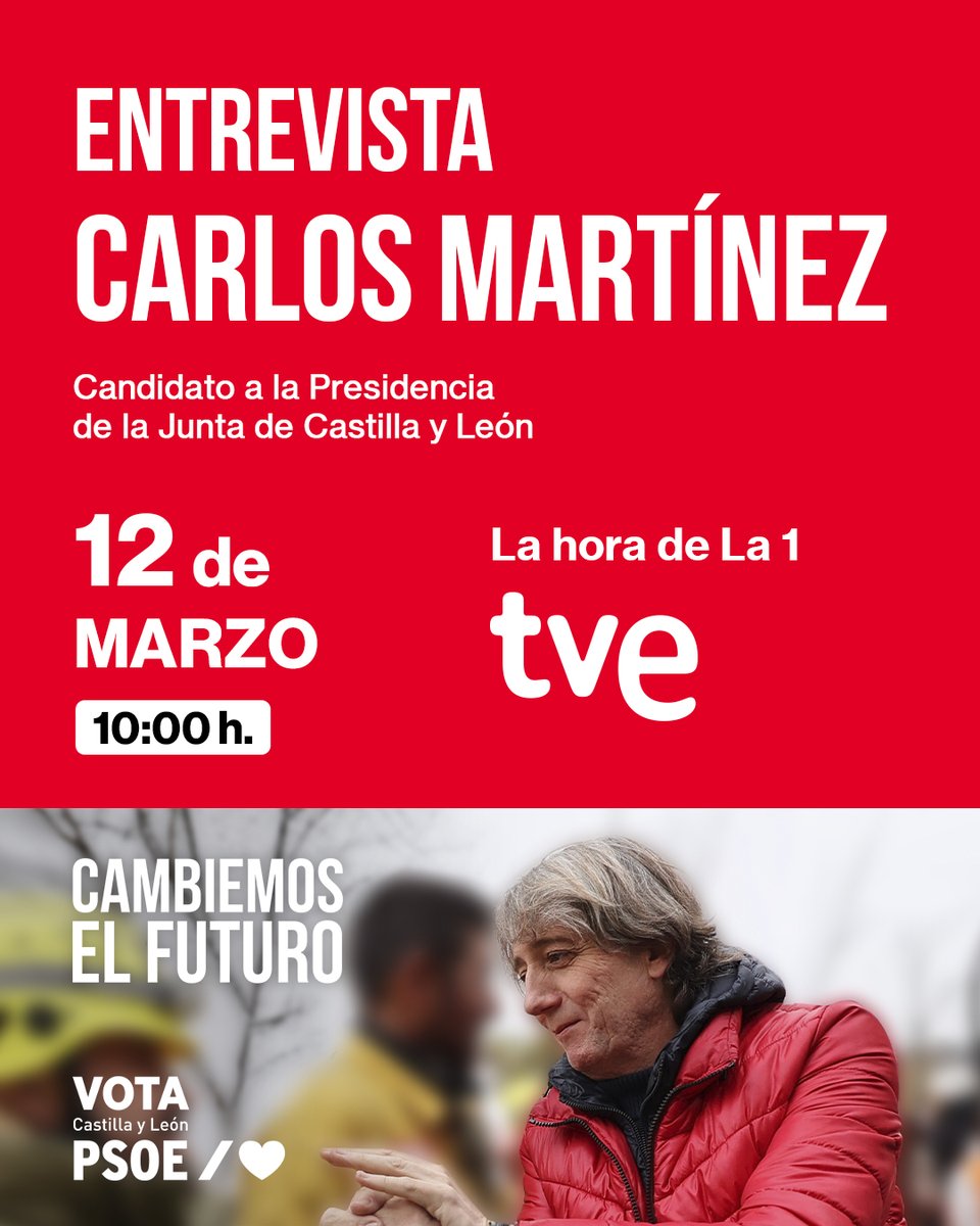 PSOE_CyL's tweet photo. Doble entrevista este jueves a @cmmsoria.

 🔴 A las 8:30 h. en @HoyPorHoy de @La_SER.

 🔴 A las 10:00 h. en @LaHoraTVE de @La1_tve.

#CambiemosElFuturo https://t.co/xjz1luxEWQ