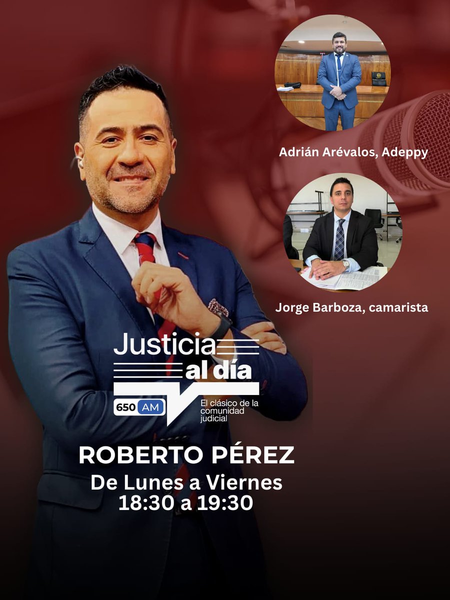 ⚖️Hoy, en #JADpy, nos acompañarán, el presidente de <a href="/Adeppy/">ADEPPY</a> Dr. <a href="/Hadriannus007/">Adrián Arévalos</a> y el camarista en lo Laboral, Dr. Jorge Barboza, para analizar sobre la Reforma de la caja jubilatoria. 

📺A través de <a href="/latribu650am_py/">La Tribu 650AM</a> desde las 18:30 h