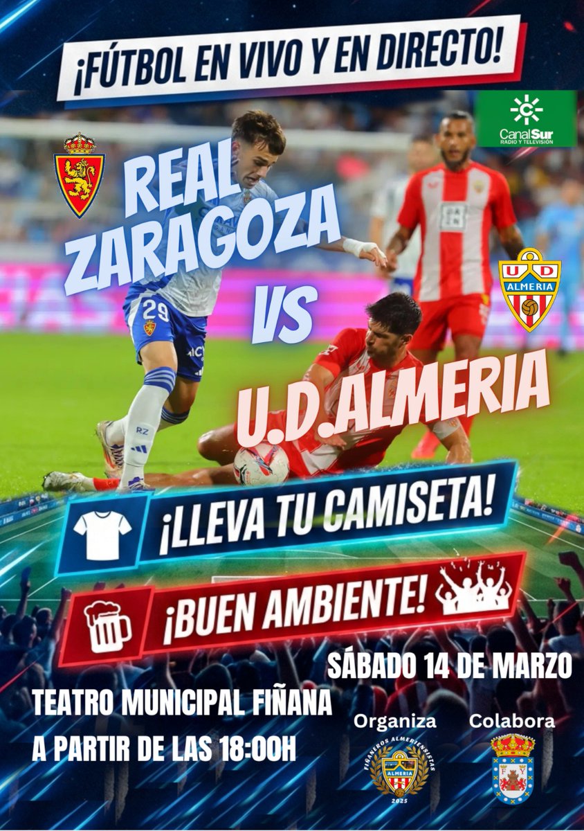 ⚽ Este sábado te esperamos para disfrutar del <a href="/RealZaragoza/">Real Zaragoza</a> vs <a href="/U_D_Almeria/">UD Almería</a>
📍 Teatro Municipal de Fiñana
📺 <a href="/canalsur/">CanalSur</a>
¡Ven a vivir el fútbol con nosotros!