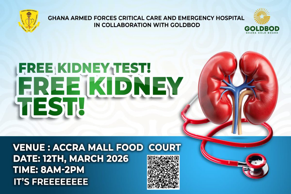 We’re running free kidney function tests at the Accra mall tomorrow! 

Please come through let’s have you checked out! 

CKD is silent, the earlier you catch it, the better!