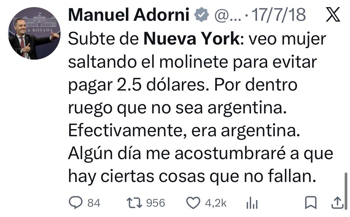 Hotel 5 estrellas de Nueva York: veo mujer aprovechando que a su marido el estado argentino le paga la estadía y evita pagar unos cuantos dólares.
Por dentro ruego que no sea argentina.
Efectivamente, era argentina.
Algún día me acostumbraré a que hay ciertas cosas que no fallan