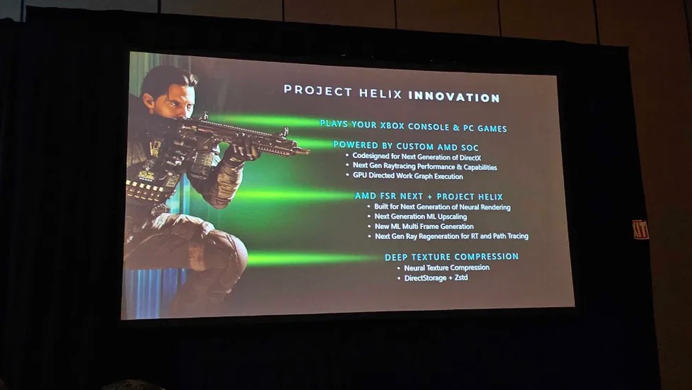 Lbabinz's tweet photo. Project Helix (next-gen Xbox) Innovation at GDC https://t.co/PyK9mhWRAW

- Plays your Xbox Console &amp; PC Games
- Powered by custom AMD SOC
- AMD FSR Next + Project Helix
- Deep Texture Compression https://t.co/D1JN6Jlz4j