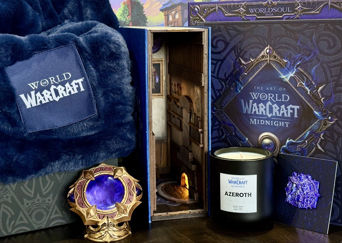 megasett's tweet photo. thank you so much to the @Warcraft team for this wonderful gift!! completely obsessed with the blanket and book nook 🩵 #wow_partner https://t.co/BQruvGNux6