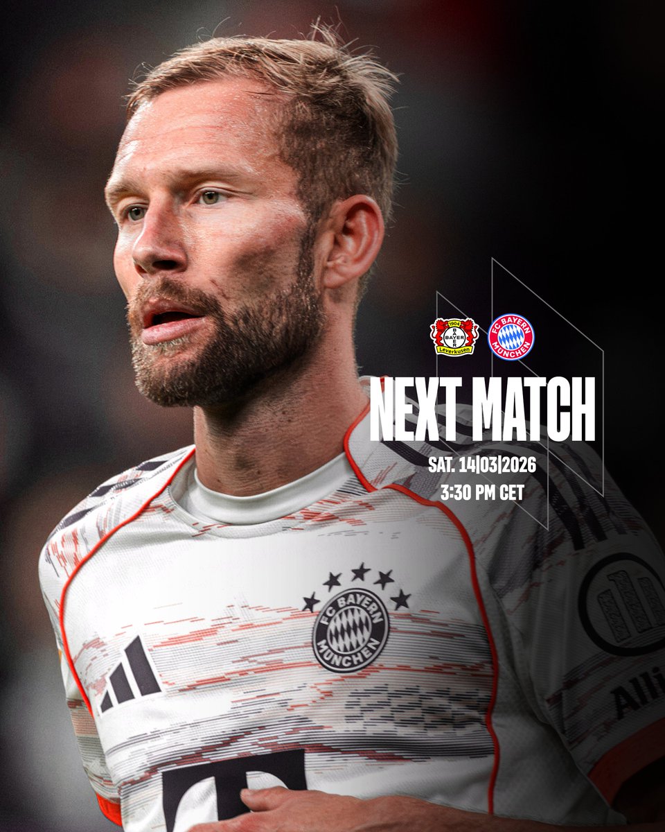 FCBayern's tweet photo. 📌 𝑵𝑬𝑿𝑻: Auswärts in Leverkusen! 👊🔥

Der nächste Schritt in der Liga – voller Fokus auf die drei Punkte. 🔴⚪ https://t.co/MzPWVIc9OW