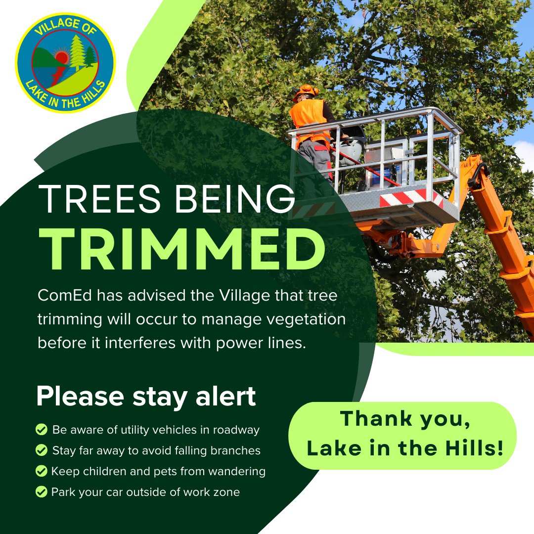 ComEd has advised that tree trimming will occur to manage vegetation before it interferes with power lines. Some helpful tips:
🌳 Be aware of utility vehicles in roadway
🌳 Stay far away to avoid falling branches
🌳 Keep kids and pets from wandering
🌳 Park outside the work zone
