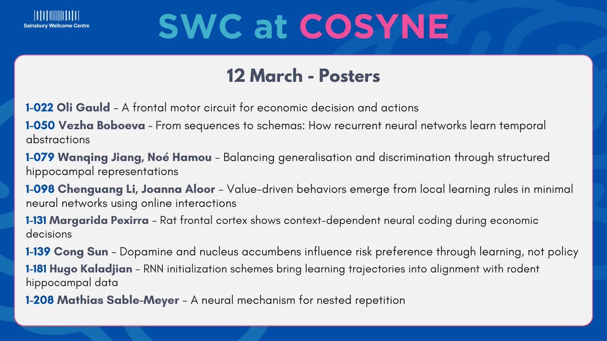 List of posters from Sainsbury Wellcome Centre researchers being presented on 12 March at the COSYNE 2026 conference.