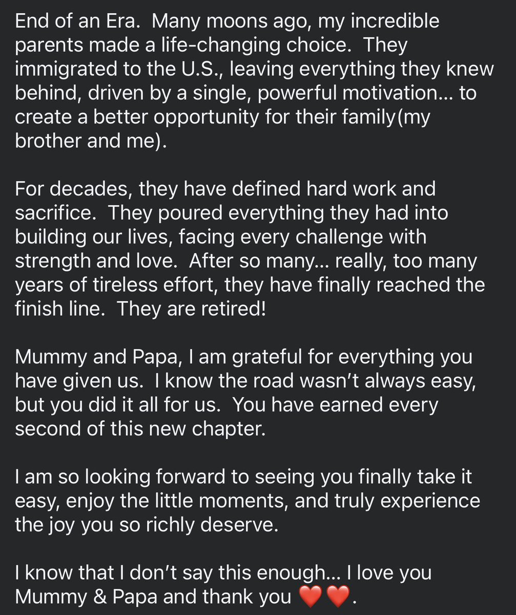 Snehalstocks's tweet photo. End of an Era.  Many moons ago, my incredible parents made a life-changing choice.  They immigrated to the U.S., leaving everything they knew behind, driven by a single, powerful motivation… to create a better opportunity for their family)my brother and me).

For decades… https://t.co/Nt5nqbbNcs