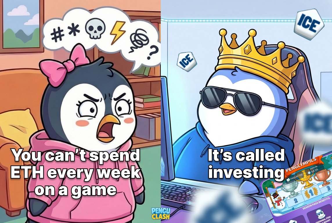 alevlex's tweet photo. “You can’t spend ETH every week on a game.”

Me: shows @PenguClash seasonal pass

Also me:
earn more ICE (for @AbstractChain XP) and $PENGU 👀 https://t.co/JzIWCqm9yZ