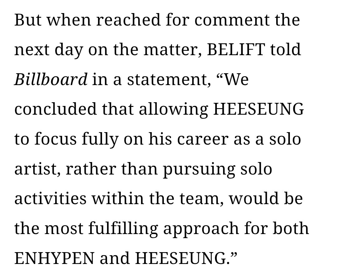 hypersunova's tweet photo. "We concluded that allowing HEESEUNG to focus fully on his career-" 
1. who's we?
2. is heeseung part of that "we"? 
3. was he given the option to pursue solo activities while staying within the team? 
4. huge emphasis on point 3. https://t.co/ST48wiNTh3