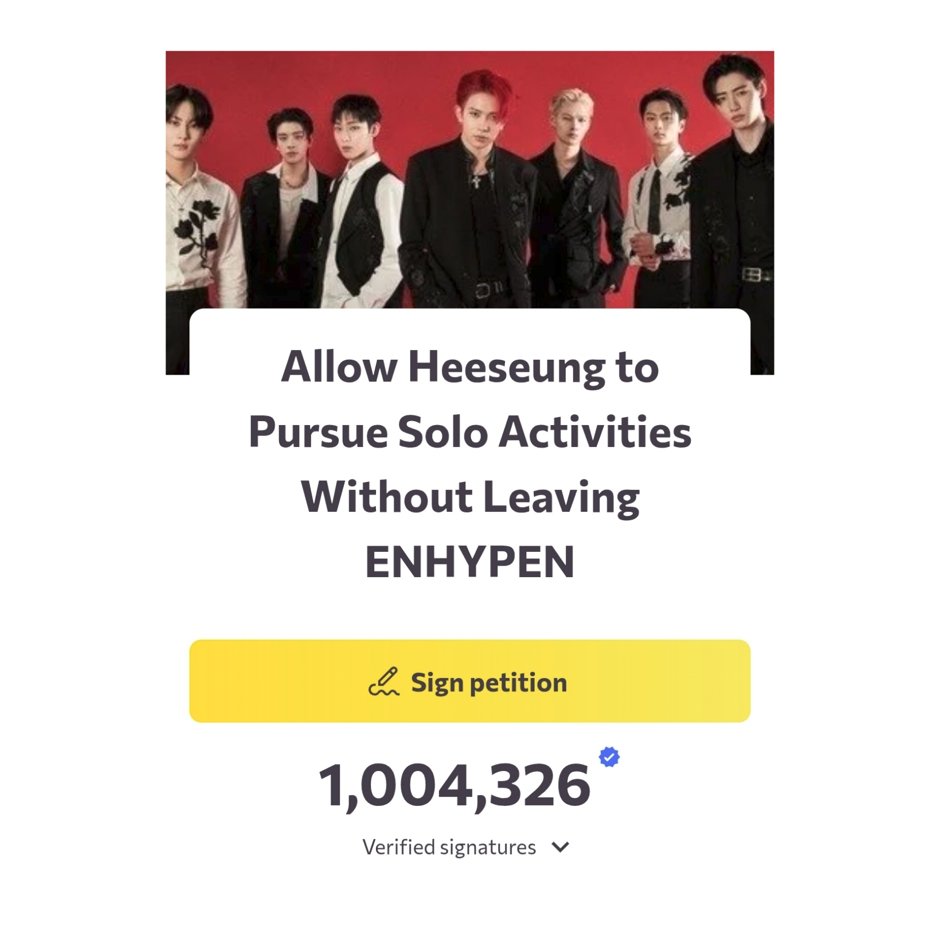 EdgeKpop's tweet photo. A petition directed at BELIFT LAB and HYBE urging them to let Heeseung take on solo projects while remaining part of ENHYPEN has surpassed one million signatures. https://t.co/CvGbTTLABW