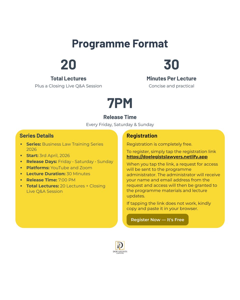 This is absolutely free. 
BUSINESS LAW FOR THE ORDINARY 
Retweet and share. 
The link for registration is 👇🏾