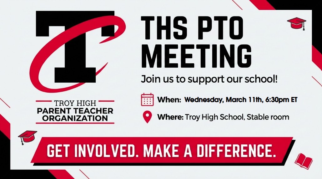 TroyHighPTO's tweet photo. Troy High PTO Meeting tonight!
📅 March 11
🕡 6:30 PM
📍 THS Stable Room (#223)
Agenda: PTO updates, teacher fund requests &amp; fundraiser updates.
Parent Connect (7–7:30 PM):
Asst. Principal Kerry Brennan discussing metric tests (PSAT, SAT, M-STEP). https://t.co/ByshlnSd5y