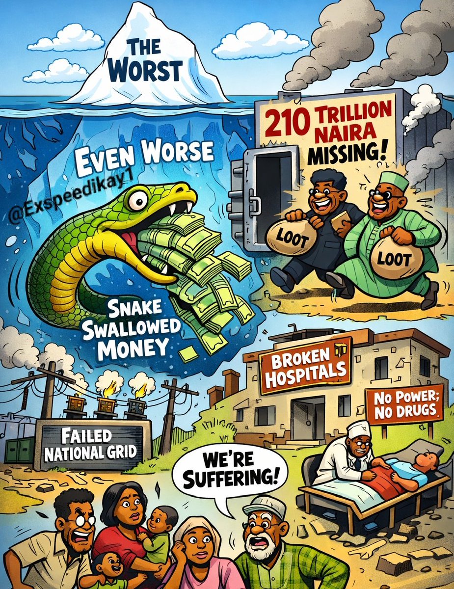 Exspeedikay1's tweet image. CORRUPTION 

When you think you have seen the worst in this country just know that worst is a tip of the ice ber in this Tinubu regime

Before it was snakes swallowing money. But now 210 Trillion Naira has disappear with no trace.

This could fix National grid refusing to stand.