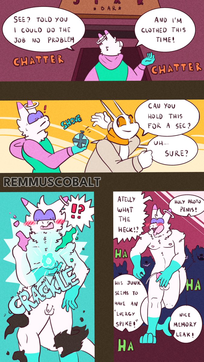 RemmusCobalt's tweet photo. Where do these clothes disarming grenades keep coming from!? Make sure not to grab any spherical objects in public just in case!

ENM Commission for @WhiteAppleBlue1 
Thank you so much! https://t.co/xvGa1uE2Rw