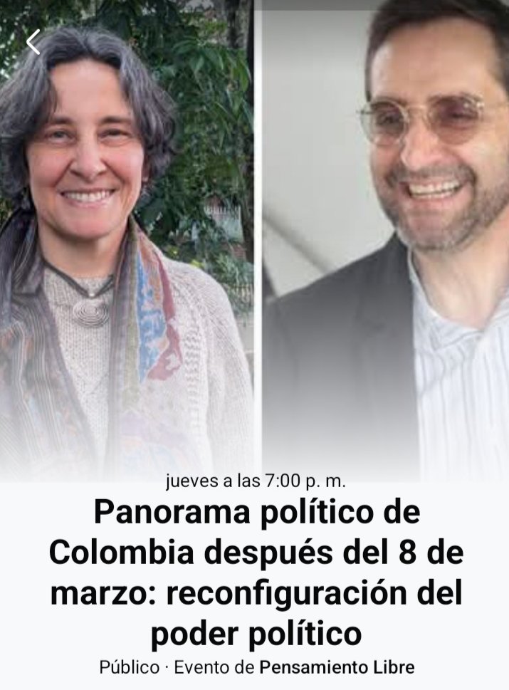 📅 Mañana Jue 12 Mar, 7:00 p.m. Panorama político en Colombia: ¿Qué sigue después del 8Mar26? Únete al conversatorio con <a href="/isarroyo/">Isabel Arroyo</a> y <a href="/mambre61/">mamre-simplicio</a> en #Sapiens. Análisis de alianzas y retos presidenciales. ¡Inscríbete! facebook.com/share/17Nrfg4n… 

#PolíticaColombia #Elecciones2026