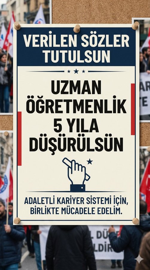 Uzman Öğretmenlik 5 Yıla Düşürülmelidir.

Devletimizin Verdiği Sözleri Tutmasını Bekliyoruz.

<a href="/_aliyalcin_/">Ali YALÇIN</a>
<a href="/TalipGeylan06/">Talip Geylan</a>
<a href="/talatyavuz29/">Talat YAVUZ</a>
<a href="/alper_ogretici/">Mehmet Alper ÖĞRETİCİ</a>
<a href="/leventkuruoglu/">Levent Kuruoğlu</a>
<a href="/ismailAkdag80/">İsmail Akdağ</a>
<a href="/KemalIrmak_/">KemalIrmak</a>

#UzmanOgretmenlik5YılOlmalı
