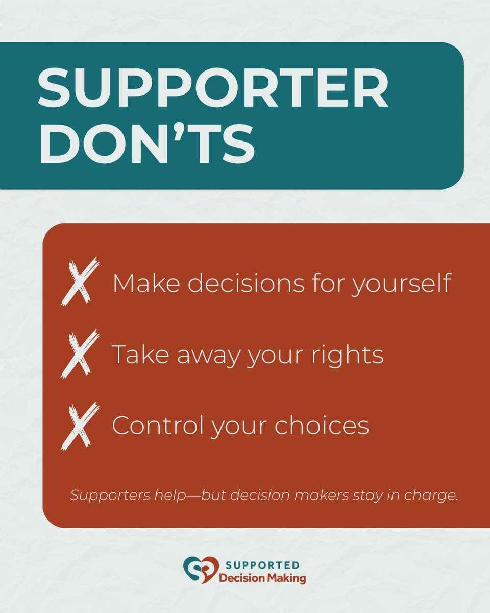 What does a Supporter do? What doesn’t a Supporter do?

Here is a list of the do's and don'ts of a Supporter. 

Supporters help, but decision makers stay in charge!

#SupportedDecisionMaking #NewMexico