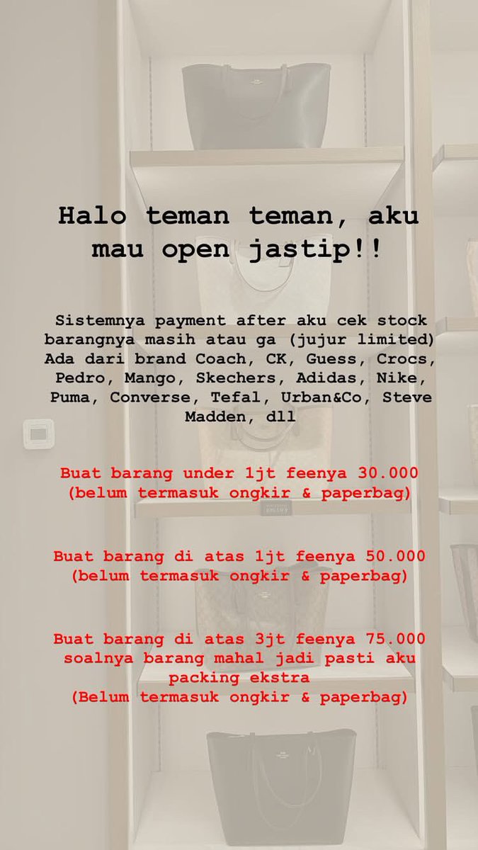 lopmatchaaa's tweet photo. Help RT 🙏🏻🤍

Aku mau open jastip yaa teman teman, boleh di cek di pict yaa ketentuannya, thank youuu!

#zonauang #zonajajan #jastip #coach #guess https://t.co/cs694fj0Tq