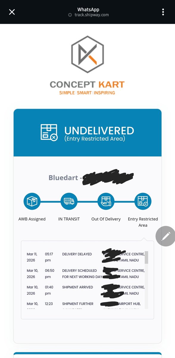 SivaguruRocks's tweet photo. @Conceptkart_, your partner @BlueDart is realy "creative" with their tracking. 🤥
​1️⃣ AWB not traceable on Blue Dart site ("No records"). 🔍
2️⃣ Site says "Not contactable" &amp; "Entry restricted."
Reality: Zero calls, zero attempts. ❌ (See 📸)
#BlueDart #DeliveryFail https://t.co/ypg43Ev884