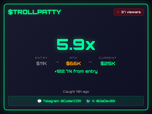 Caught TROLLPATTY at $11K before it ran to $66K.

$TROLLPATTY went from $11K to $66K in 47 minutes.

What's your best early catch this week?