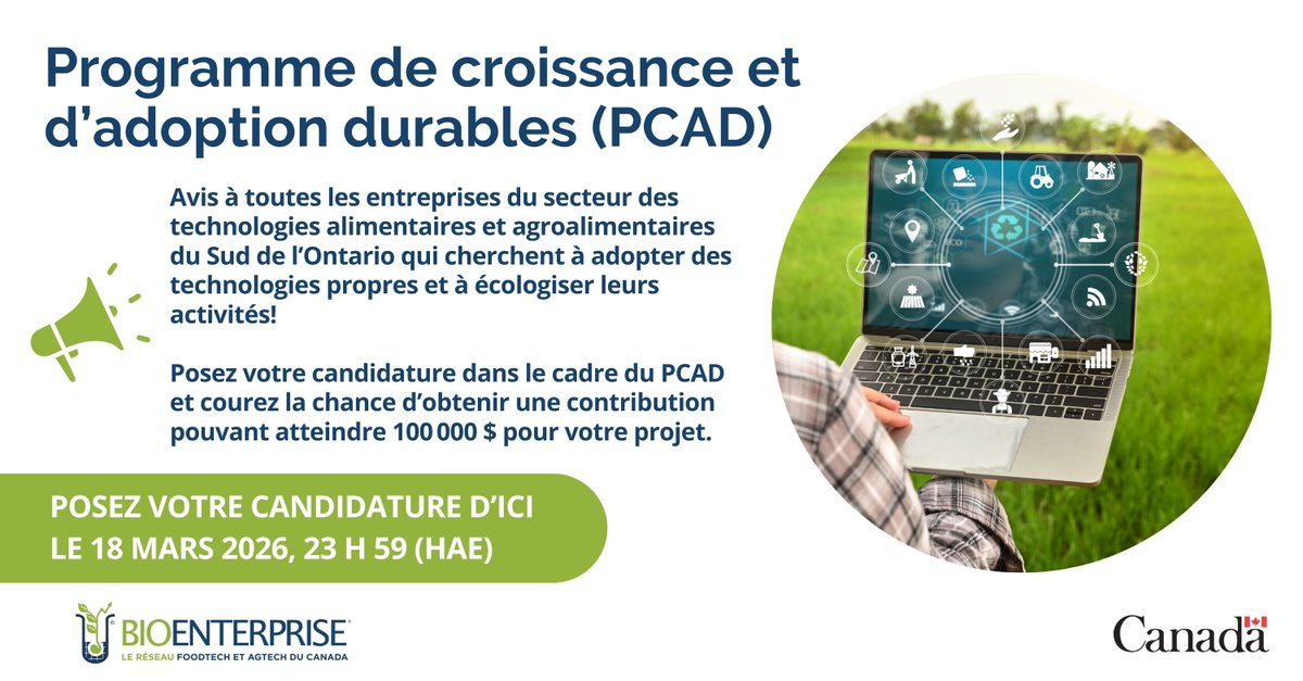 BioenterpriseCA's tweet image. Plus qu’une semaine pour soumettre votre candidature dans le cadre du #PCAD. Vous pourriez obtenir jusqu’à 100 k$ pour votre projet de croissance durable. 🌿 Financé par le #GC par l’intermédiaire de @FedDevOntario. Renseignements : ow.ly/r5T750Y1ZKa
 
 #CroissancePropre