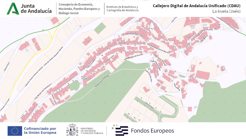IECA_Andalucia's tweet photo. 🌍Os acercamos este Mapa del Callejero Digital Andalucía Unificado #CDAU del municipio de #LaIruela (Jaén).
El #CDAU contiene las vías y los portales de todos los municipios de Andalucía.
📌Consulta el Callejero de tu municipio aquí⤵️
https://t.co/nQnOlo7O3H #FEDER https://t.co/74CFTxyS1g
