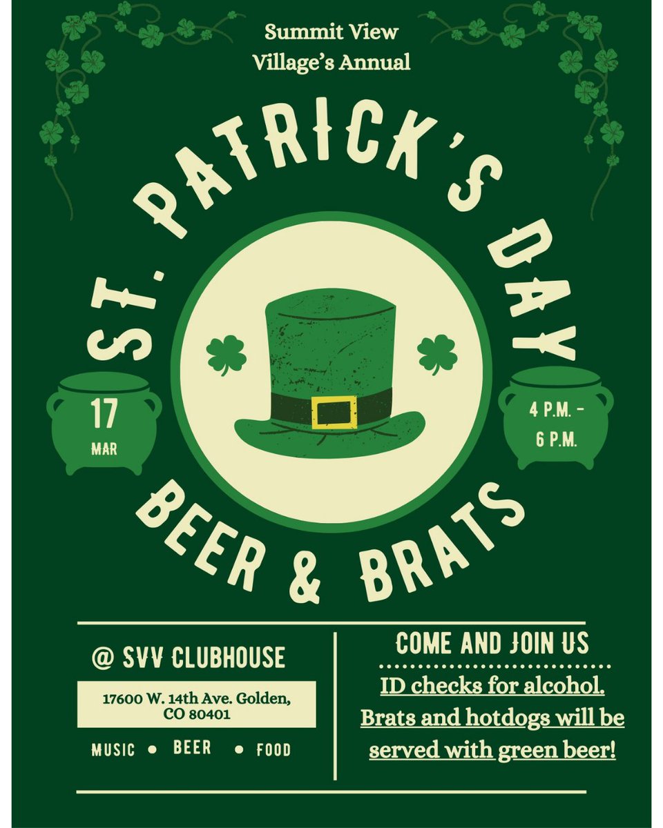 SummitViewVilla's tweet photo. Celebrate the luck of the Irish this St. Patricks Day with us for our annual Beer &amp; Brats event on March 17th! Come enjoy music, beer, and food with your neighbors down at the clubhouse from 4pm to 6pm! Come join us for all the fun! 🌈☘️ https://t.co/ilQMQLWRsZ