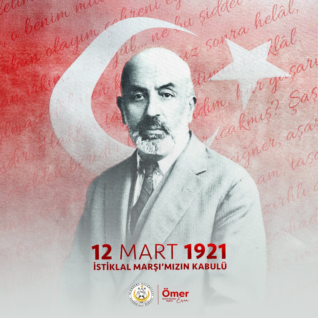 "Ben ezelden beridir hür yaşadım, hür yaşarım." 

İstiklal Marşımızın kabulünün 105. yılında Milli Şairimiz Mehmet Akif Ersoy ve Kurtuluş Mücadelemizin tüm kahramanlarını saygı ve rahmetle anıyoruz.

12 Mart 1921 İstiklal Marşının Kabulü kutlu olsun. 🇹🇷

#KapadokyanınBaşkenti