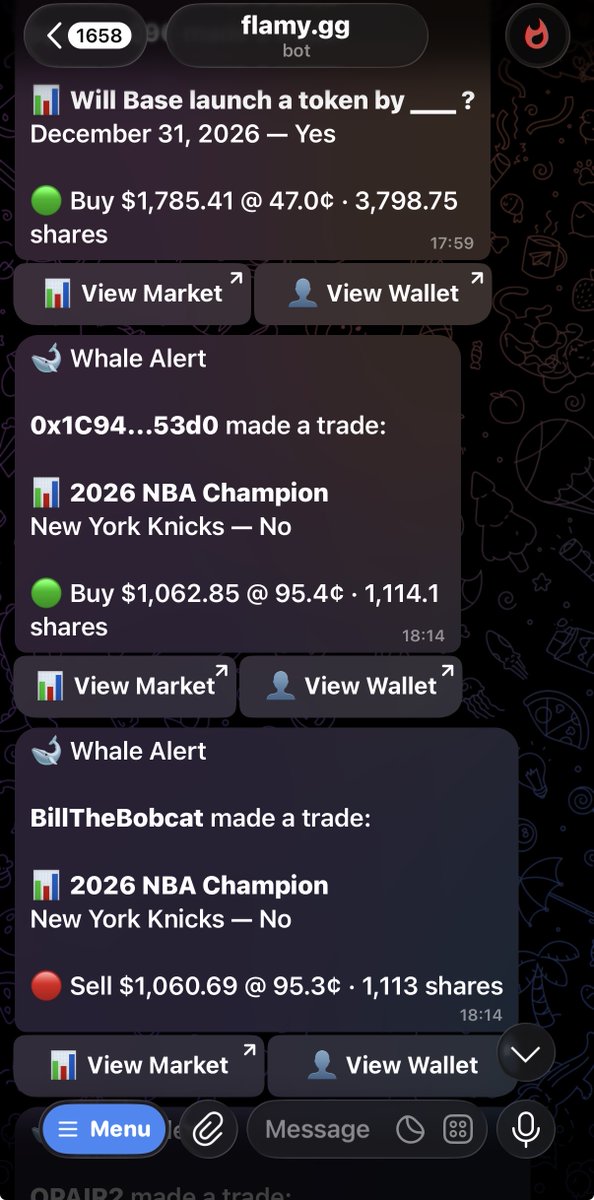 Did you use our <a href="/predictdotfun/">predict.fun</a> whale alerts telegram bot?

If not you can start using it in less than a minute(and it's totally FREE)

flamy.gg/telegram