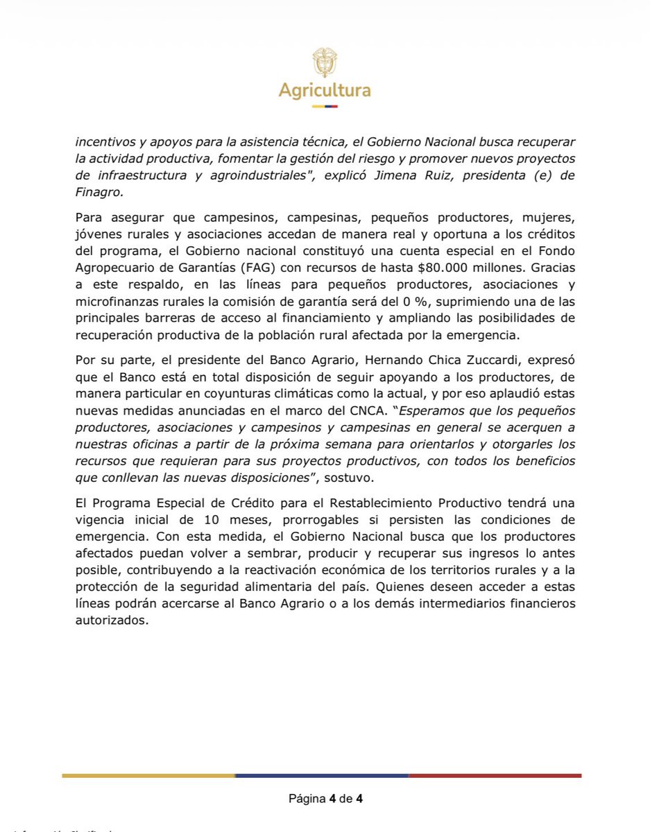 #BoletínDePrensa 📰 | La Comisión Nacional de Crédito Agropecuario (CNCA), presidida por #MinAgricultura, junto con <a href="/Finagro/">FINAGRO</a> y <a href="/BancoAgrario/">Banco Agrario de Colombia</a> activará desde el 7 de abril el Programa Especial de Crédito para el Restablecimiento Productivo 🌧️🌱 con el que se prevé movilizar hasta