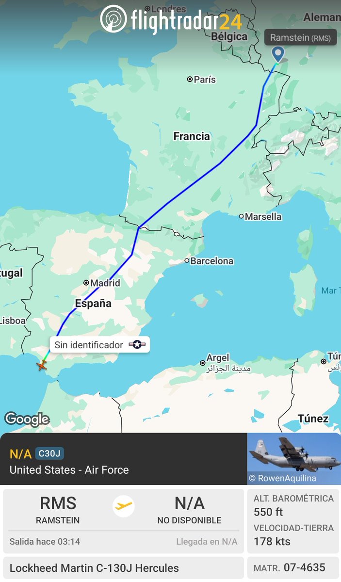 MilRadar's tweet image. 🇺🇸 USAF C-130J-30 Super Hercules 07-4635 del 37thAS desciende hacia Rota procedente de Ramstein, Alemania.