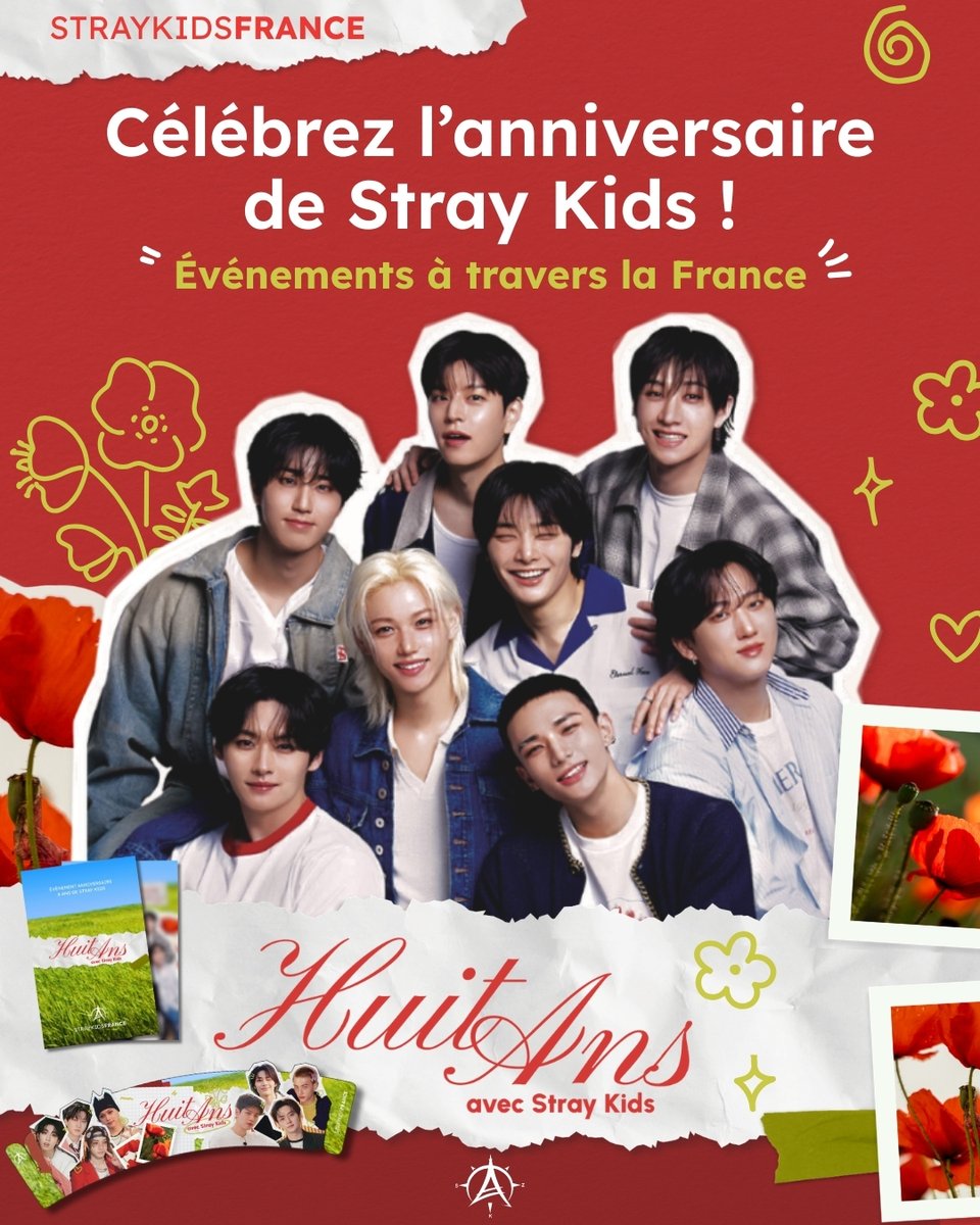 StrayKidsFrance's tweet photo. ⚘.⋆˙✿  𝑯𝒖𝒊𝒕 𝒂𝒏𝒔 𝒂𝒗𝒆𝒄 𝑺𝒕𝒓𝒂𝒚 𝑲𝒊𝒅𝒔  ✿˙⋆.⚘

Le 25 mars, Stray Kids fête ses 8 ans ! Pour l’occasion, 11 événements vous attendent en France et en Belgique. Rassemblez vous entre STAYs pour partager ce moment spécial et créer de magnifiques souvenirs !
Retrouvez nos photocards et cupsleeves dans différents cafés, et profitez même d’animations et de frames photomaton dans certains lieux.

Merci à tous les partenaires qui nous ont suivi dans ce projet ❤️ 
➡️ https://t.co/PhBZLtWRiq

・・・・・ ⚘.⋆˙✿ ・・・・・

@Stray_Kids #StrayKids