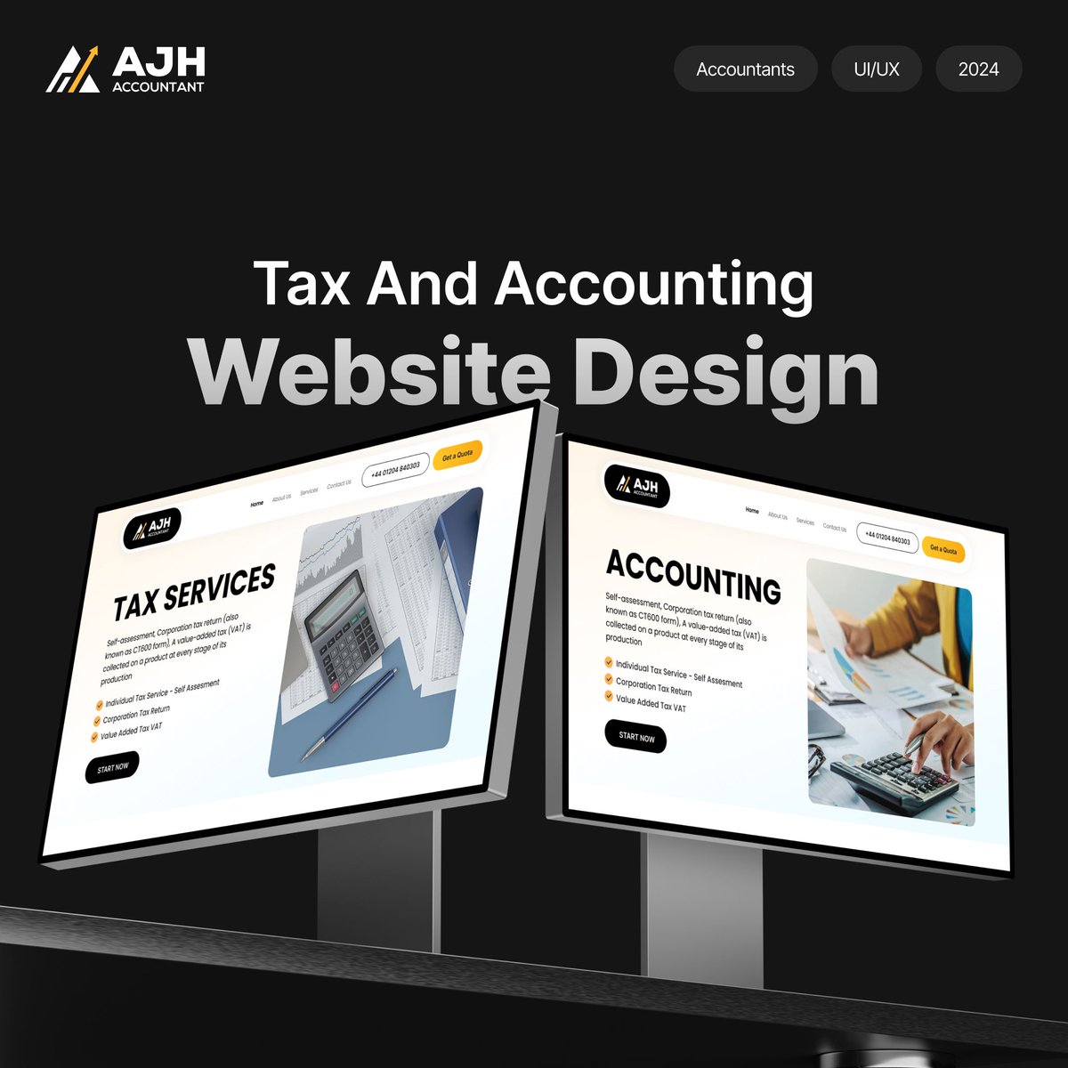 DevelopiosA's tweet photo. Brand identity + website design for AJH Accountant — built to convert visitors into confident clients.
Clean design. Clear message. Real results. 🖤💛
#WebDesign #BrandIdentity #UIUX #Developios https://t.co/yKWC1fclbO
