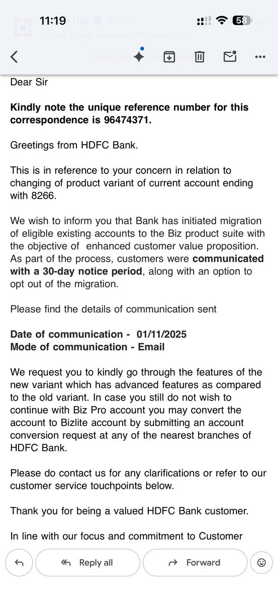 IamAyadi's tweet photo. After 4 days, reply from @HDFCBank_Cares with no reference of email. not received any email on 01 Nov. If opt-in/opt-out was required, why not send SMS or reminders mail to customers before auto-changing after 30 days? @RBI pl help https://t.co/rY9VWH2H7n
