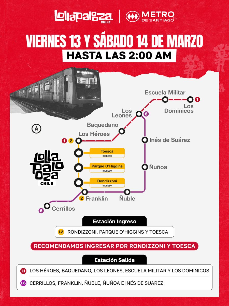 lollapaloozacl's tweet photo. ¡Empieza a planificar tu regreso desde #LollaCL2026! 🚇🚍

Si vienes desde regiones o necesitas transporte para volver a casa, revisa las opciones disponibles gracias a @Red_Movilidad y @metrodesantiago 😎

Organízate, revisa los horarios y rutas para un retorno cómodo y seguro https://t.co/ypYDzDCx4R