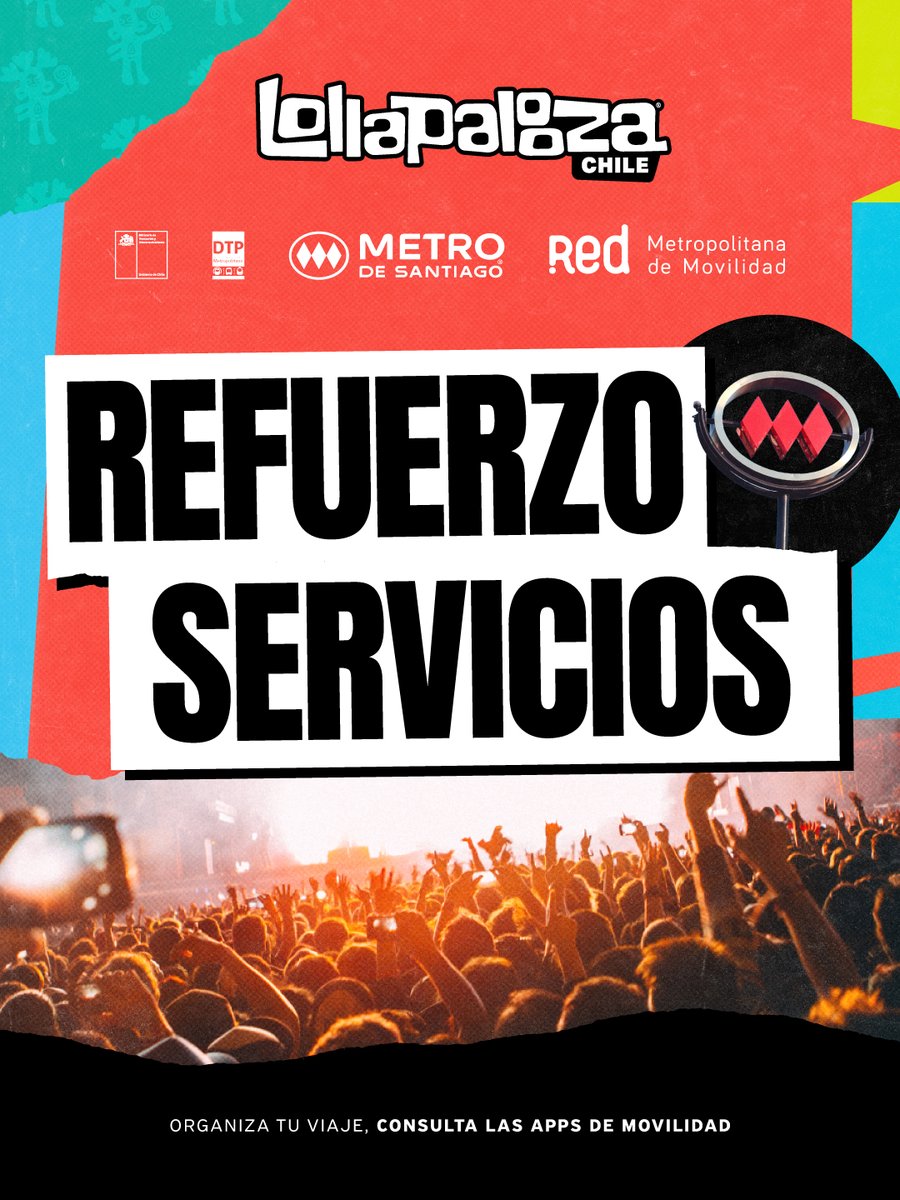 lollapaloozacl's tweet photo. ¡Empieza a planificar tu regreso desde #LollaCL2026! 🚇🚍

Si vienes desde regiones o necesitas transporte para volver a casa, revisa las opciones disponibles gracias a @Red_Movilidad y @metrodesantiago 😎

Organízate, revisa los horarios y rutas para un retorno cómodo y seguro https://t.co/ypYDzDCx4R