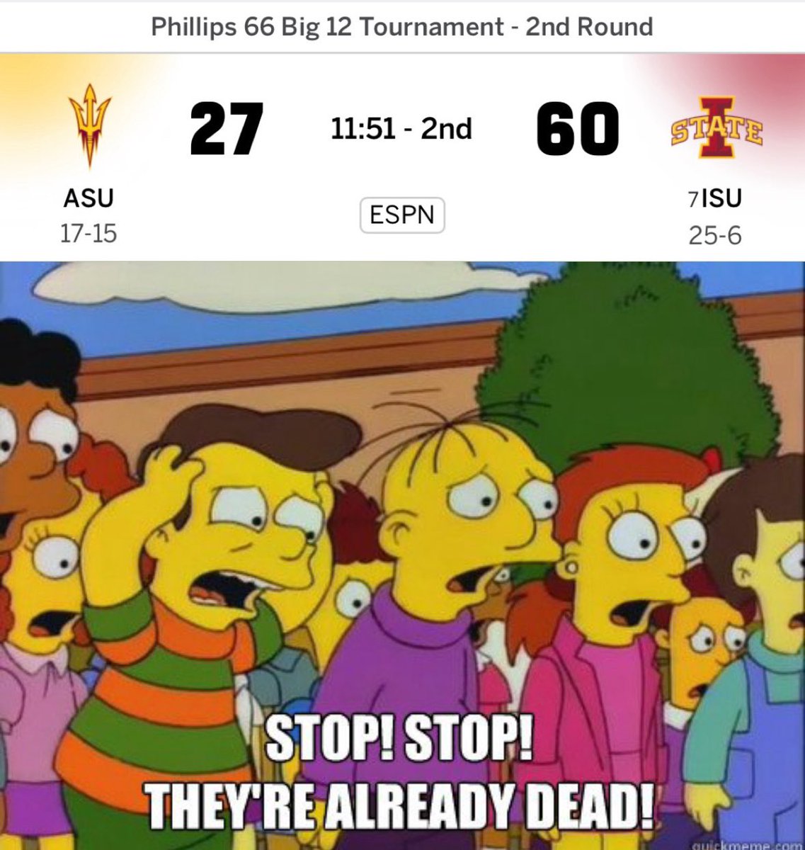 BarstoolBig12's tweet photo. Does the Big 12 tournament have a mercy rule???? 😬😬 https://t.co/5paKViil04