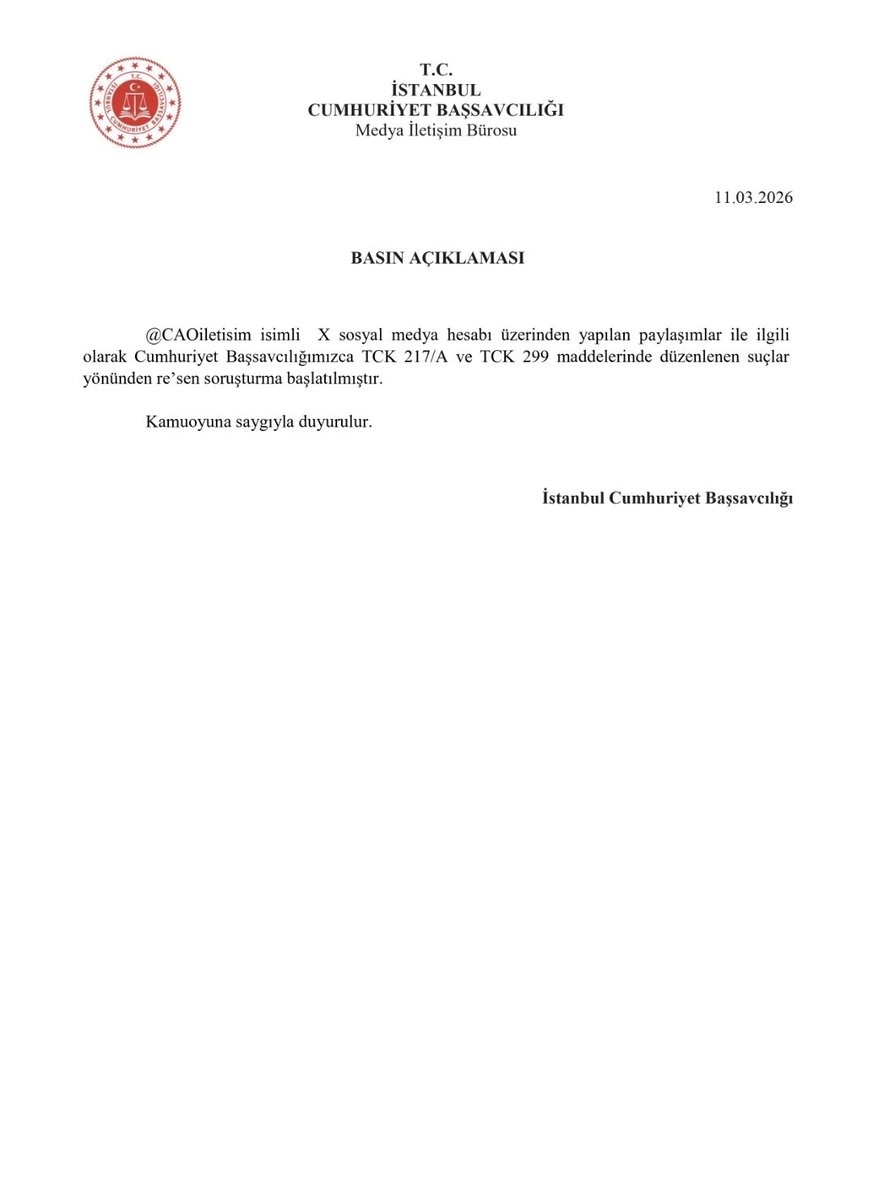 İstanbul Cumhuriyet Başsavcılığı Ekrem İmamoğlu'nun Cumhurbaşkanı Adaylığı ofisi isimli x hesabı hakkında soruşturma başlattı.
<a href="/CAOIletisim/">Cumhurbaşkanlığı Aday Ofisi</a>