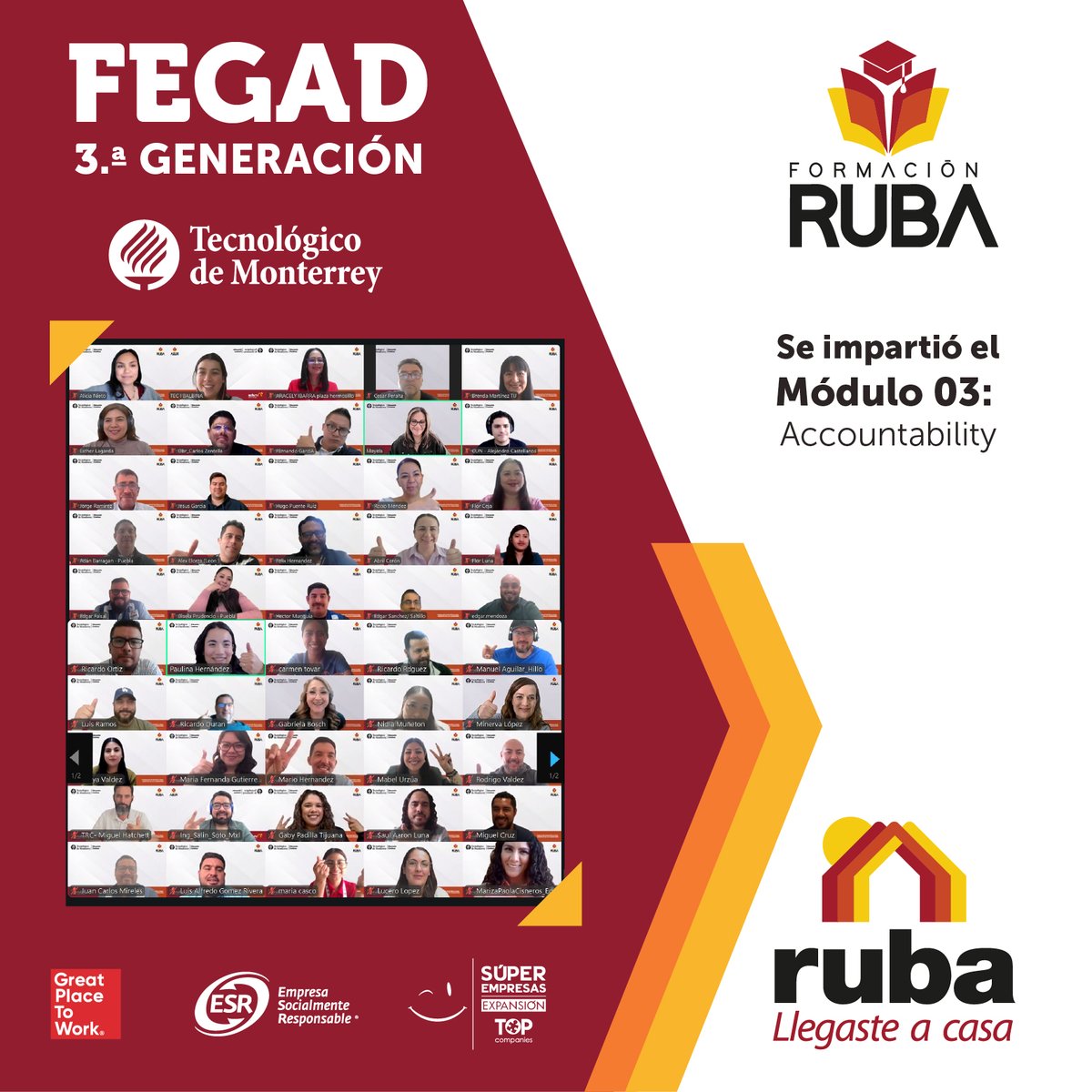 BolsaRuba's tweet photo. La 3ra. generación de #FEGAD continúa fortaleciendo su liderazgo. El pasado 6 y 7 de marzo llevamos a cabo, en modalidad virtual, el tercer módulo del programa: “Accountability”, a través de este espacio formativo, desarrollado en colaboración con el #ITESM https://t.co/57nTkQRSuX